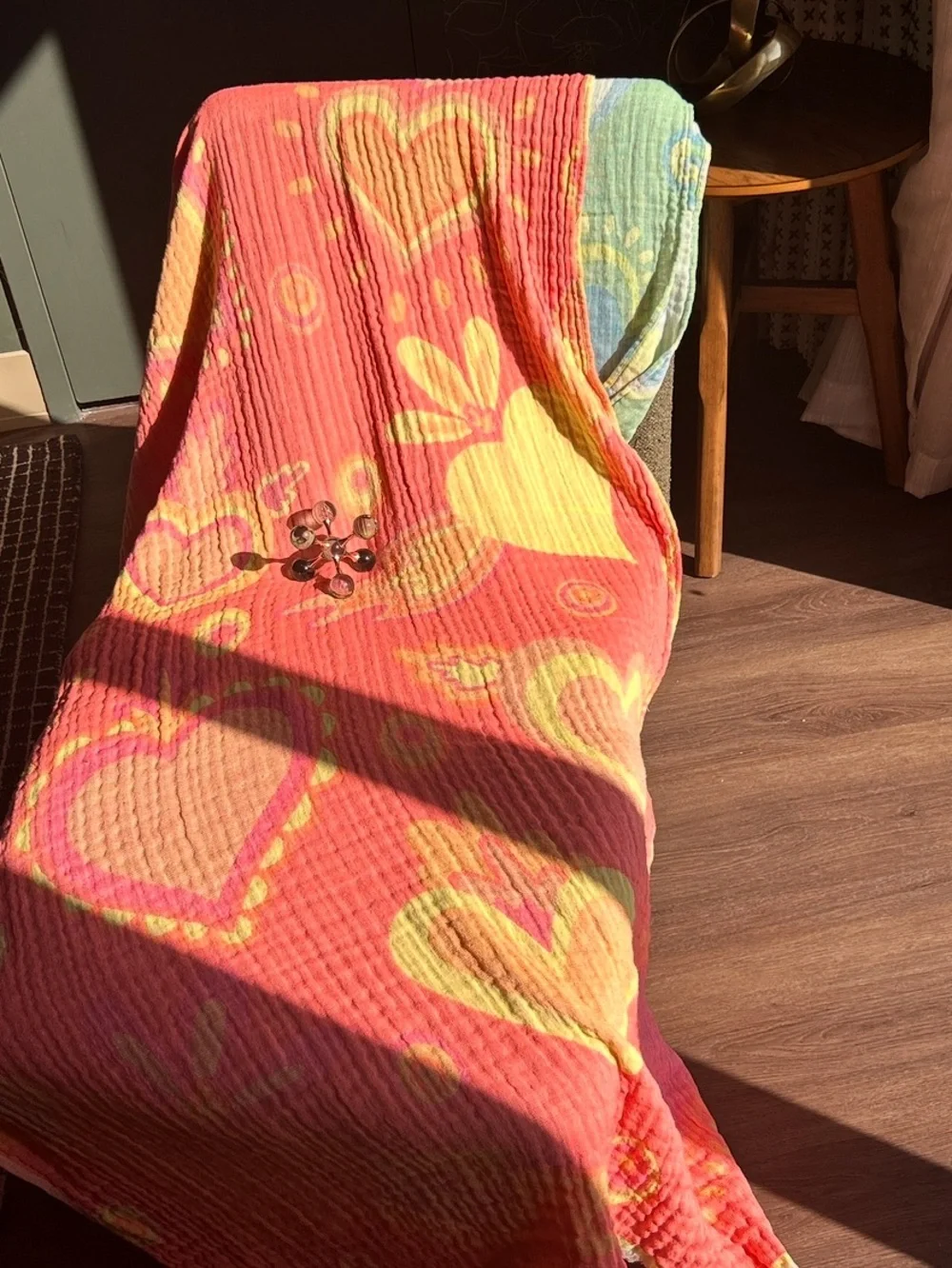 SET Pink Yellow Heart Patterned Curtain Set of 2 Organic Cotton Loom Weave NEW